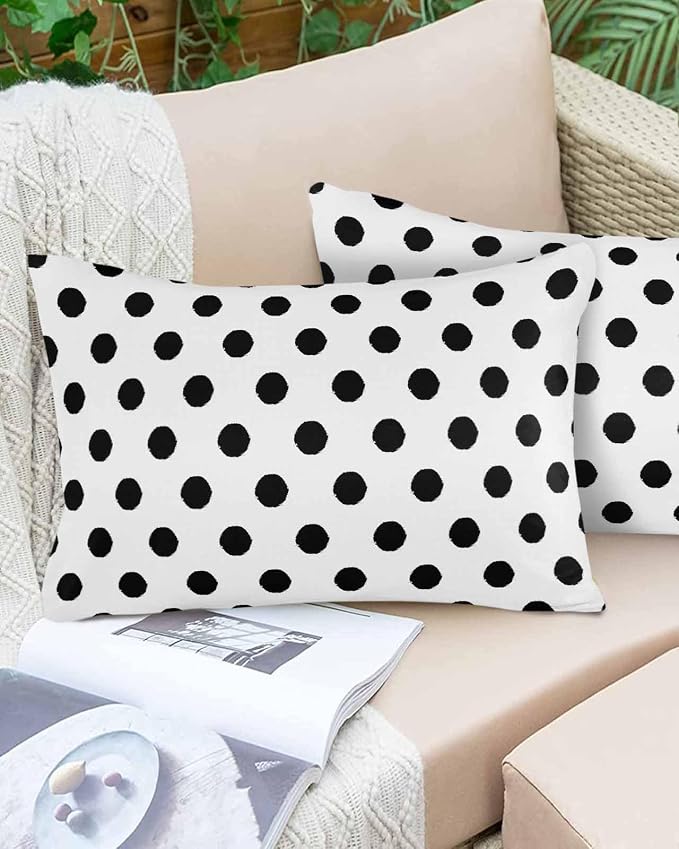Outdoor Waterproof Throw Pillow Covers Set of 2 Black White Polka Dots Lumbar Pillowcases 20x12 Inches Cute Solid Color Decorative Pillows Cushion Case Patio Pillows for Couch Bed Chair Garden