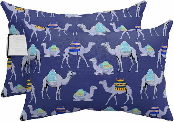 Chaise Lounge Headrest Pillow 2 Pack, Dark Blue Camels Waterproof Chair Pillows with Insert & Adjustable Elastic Strap for Beach Recliner, Modern Watercolor Cute Funny Animals Outdoor Patio Pillow