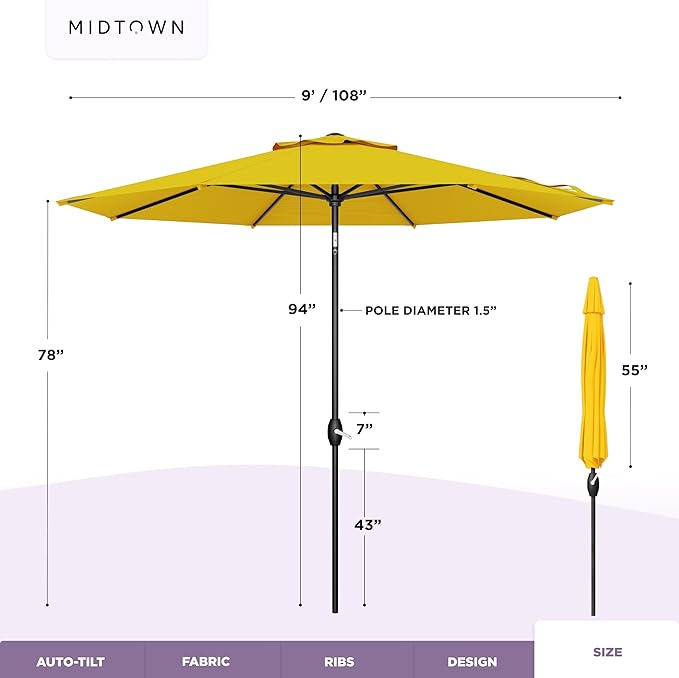 Midtown Umbrellas - 10-Year-No-Fade 9 Ft Patio Umbrella with Terylast Fabric, Auto-Tilt Aluminum Frame and 8 Reinforced Ribs for Deck, Pool, Garden & Beach - Sunflower Yellow Canopy, Black Pole