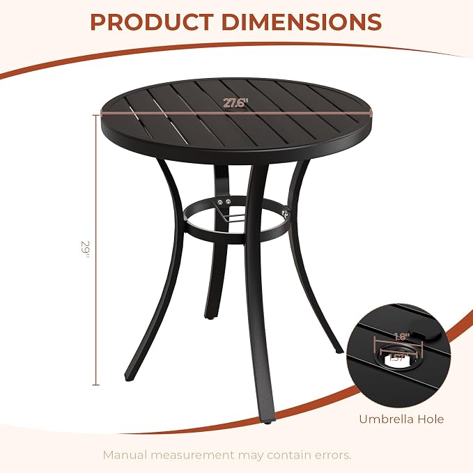 TLSUNNY 3 Piece Patio Dining Set for 2, Outdoor Table and Chairs W/1.57"-1.8" Adjustable Umbrella Hole & Foot Pads, 27.6" Round Metal Table and Patio 360° Swivel Chair, Rocking not Included (Brown)