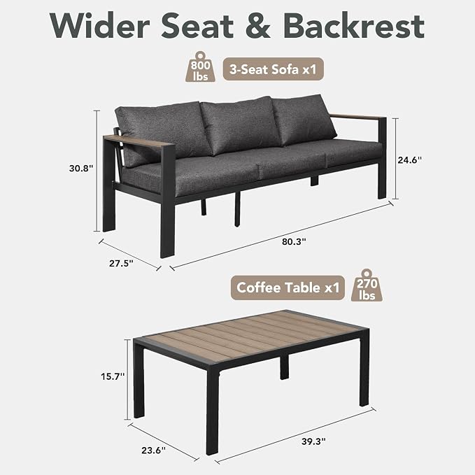 Outdoor Patio Furniture Set 3 Seats Sofa and Coffee Table with Washable Thick Cushions, All-Weather Luxury Aluminum Modern Outside Sectional Set for Porch, Balcony, Deck, Yard, Dark Gray