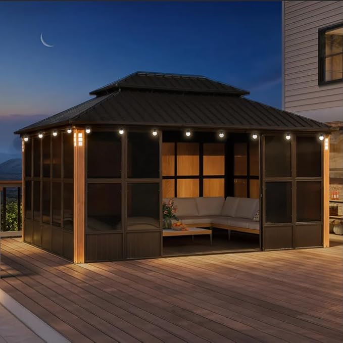 PURPLE LEAF 12' X 16' Outdoor Hardtop Gazebo with Galvanized Metal Roofs Patio Wood Grain Aluminum Frame with Screens and Doors for Deck Garden Bronze