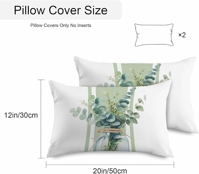 Sage Green Eucalyptus Leaves Outdoor Pillow Covers 20x12 Inch Lumbar Pillow Covers Set of 2 Waterproof Decorative Throw Pillow Cases Farmhouse Stripe Botanical Cushion Covers for Patio Furniture