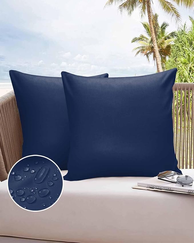 Outdoor Waterproof Throw Pillow Covers 24x24in, Navy Blue Cushions for Garden Patio Furniture Chairs Set of 2, Nautical Home Decor Couch Sofa Polyester Pillow Cases