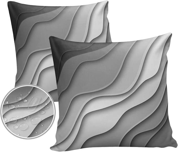 Ombre Abstract Geometry Gradient Grey White Outdoor Waterproof Throw Pillow Covers 24 x 24 Inch Set of 2, Pillowcases Decorative Square Cushion Cases for Patio Furniture Couch Porch Garden