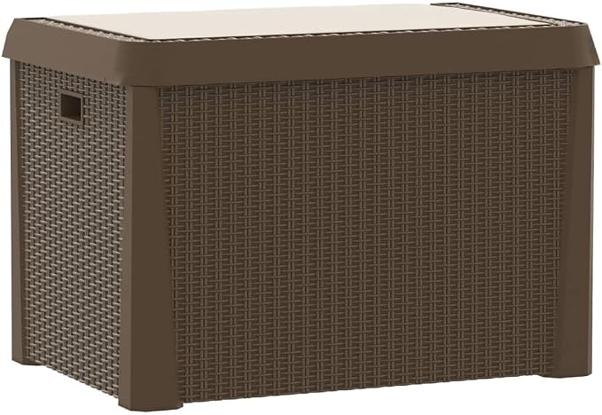 Garden Storage Box with Seating, 125L Outdoor Deck Box for Patio Cushions, Blankets, Gardening Tools, Heavy Duty Polypropylene Container, Brown
