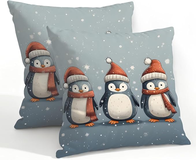 22x22 Inch Outdoor Pillow Covers Set of 2 Waterproof Throw Pillow Covers Decorative Couch Cushion Covers Christmas Penguin Square Pillowcases Protectors for Patio Garden Sofa