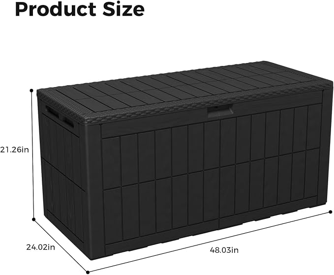 100 Gallon Deck Box, Watertight Resin Outdoor Storage Box for Patio Furniture Cushions and Pool Supplies, Lockable Yard Storage Bin with No Tool Assembly, Black