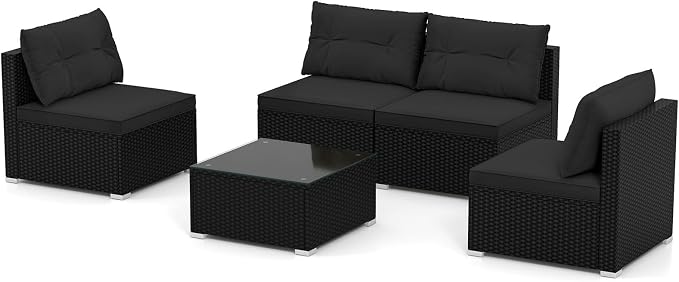 RELAX4LIFE 5-Piece Outdoor Patio Furniture Set, Rattan Sectional Sofa Set w/Glass-Top Coffee Table, Soft Seat & Back Cushions, Bistro Set for Garden Backyard Porch, Wicker Conversation Set (Dark)