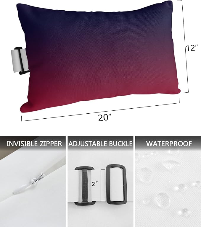 Outdoor Pillows Covers with Inserts Purple Red Gradient Waterproof Recliner Pillow with Adjustable Strap Throw Pillows for Patio Furniture Pool Lounge Chair, 12x20 inch, 1PCS