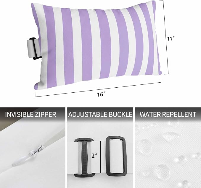Purple Striped Outdoor Chaise Lounge Head Pillow with Insert,Modern Farmhouse Purple White Stripes Waterproof Headrest Lumbar Pillow Cusion Cover with Elastic Strap for Patio Recliner,12"x20" 1PCS