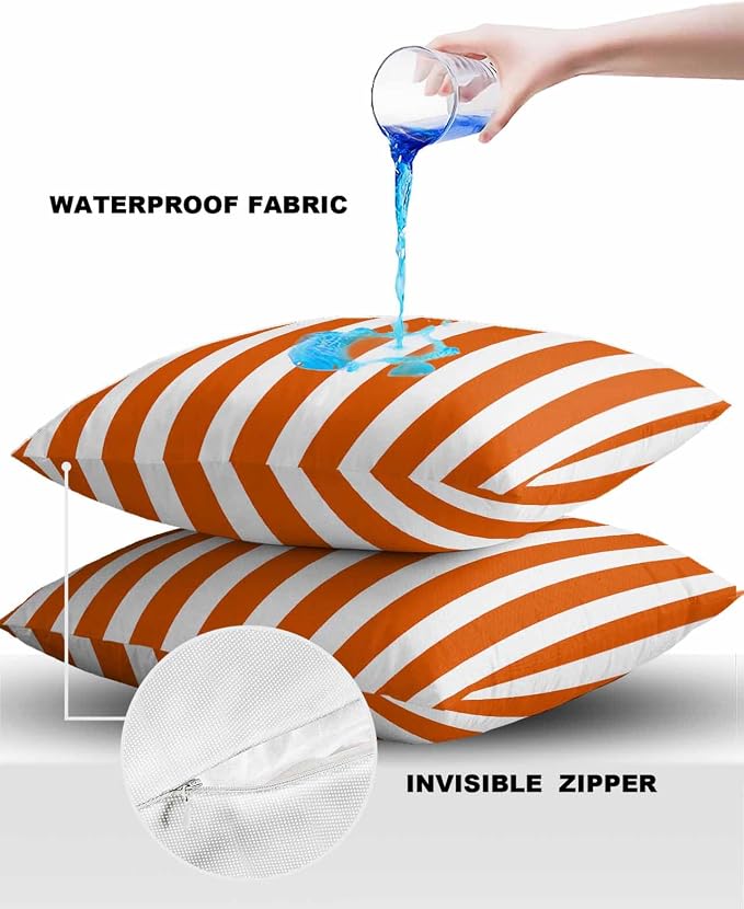 Outdoor Waterproof Throw Pillow Covers 24x24in, Orange Geometric Stripes Cushions for Garden Patio Furniture Chairs Set of 2, Abstract Fall Home Decor Couch Sofa Polyester Pillow Cases