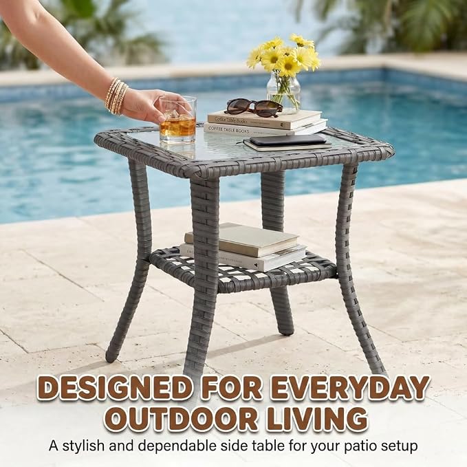 5-Piece Outdoor Patio Furniture Set, Grey Wicker Conversation Set with 2 High-Back Chairs, 2 Ottomans and Side Table, 6-Inch Blue Cushions for Porch, Deck, Backyard