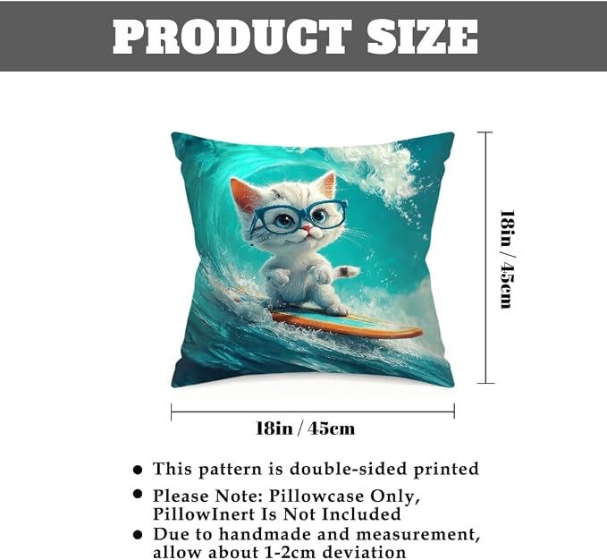 18x18 Inch Outdoor Pillow Covers Set of 2 Waterproof Throw Pillow Covers Decorative Couch Cushion Covers White Cat_ Surfing Square Pillowcases Protectors for Patio Garden Sofa