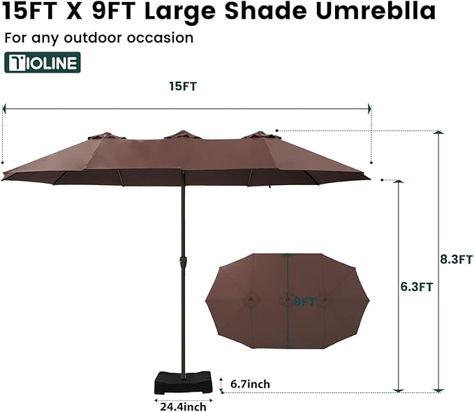 15FT Large Patio Umbrellas with Base Included, Outdoor Double-Sided Rectangle Big Market Umbrella with Stand, Outside Umbrellas for Poolside Lawn Backyard,Brown