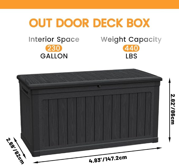 Large Outdoor Storage Deck Box for Patio Furniture, Cushions, Garden Tools and Sports Equipment, Weather-Resistant Resin with Locking Lid (Black + Plastic)