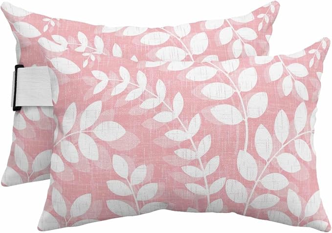 Chaise Lounge Headrest Pillow 2 Pack, Pink Leaves Waterproof Chair Pillows with Insert & Adjustable Elastic Strap for Beach Recliner, Farmhouse Botanical Leaf Branch Vintage Modern Outdoor Pillow