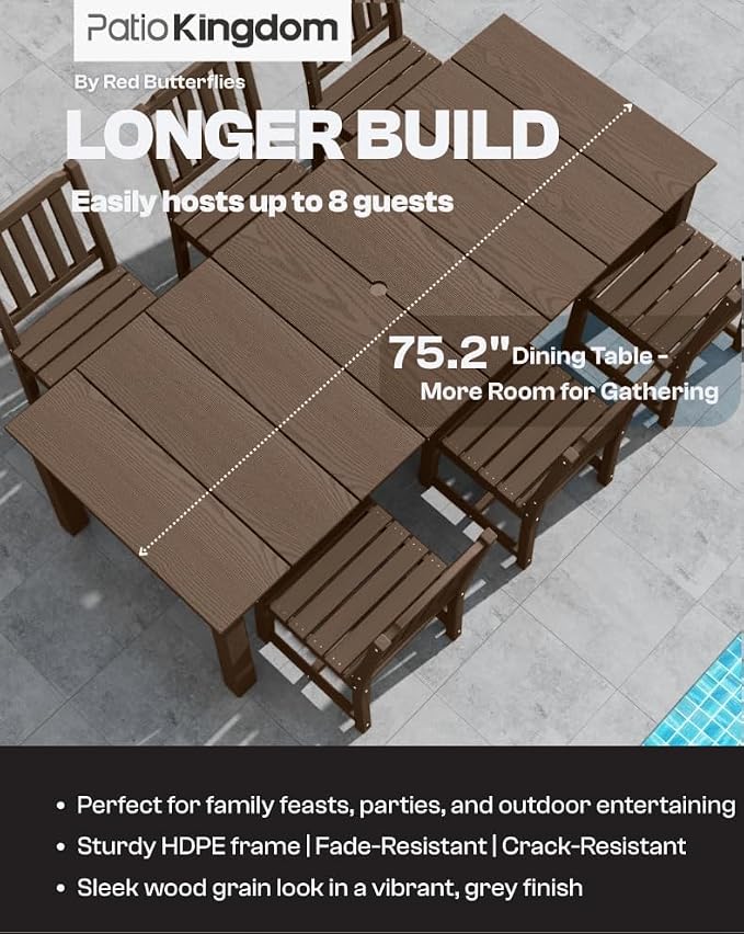 7-Piece Outdoor Dining Set with 75.2" Table for 6,Brown | HDPE material, umbrella hole design, weather-resistant furniture, perfect for garden, lawn, poolside, yard, balcony, deck