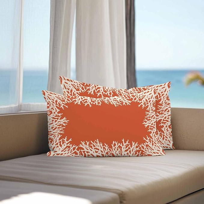 Vandarllin Outdoor Throw Pillows Covers 20x12 inch Set of 2 Waterproof Orange Coral Decorative Zippered Cushion Covers for Patio Furniture, Coastal Marine Life Lumbar Pillowcases