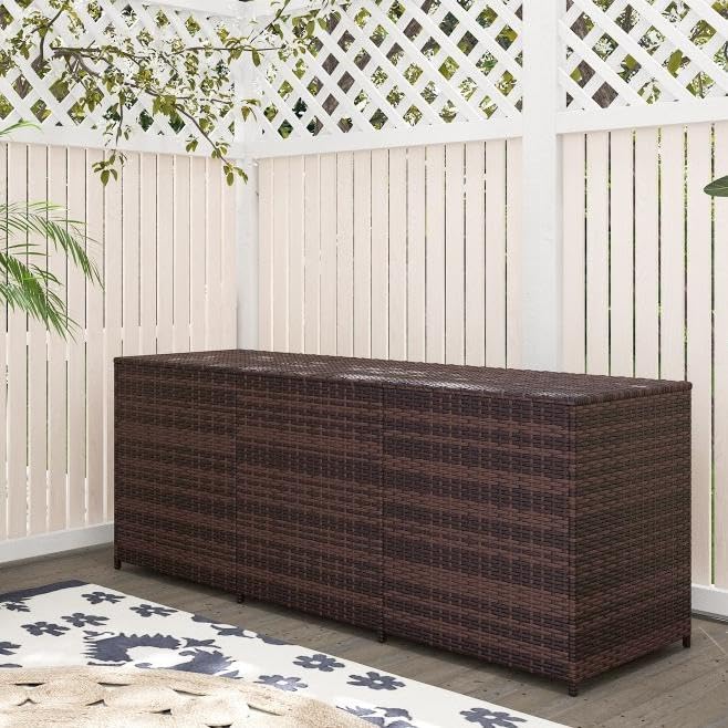 175 Gallon Deck Box Storage, Large Outdoor Weatherproof Storage Box with Lid,Wicker Outdoor Cushion Storage Box for Porch,Patio,Garden,Poolside,Tools,Toys (Brown, 70.90 Inch)