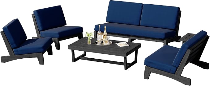 6 Piece Teak Outdoor Patio Frutnire Set, 7 Seater Patio Conversation Sets with Thick Cushions, Outdoor Sectional Furniture with Coffee Table - Navy Blue