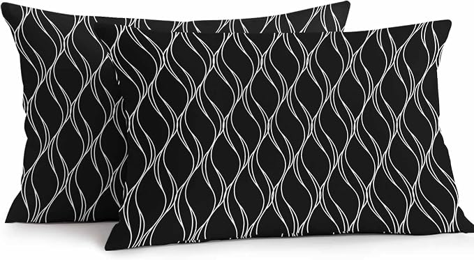 Outdoor Pillow Covers Waterproof, Black Gold Wave Abstract Art Foil Print Pattern All Weather Cushion Case Set of 2, White Thin Line Lumbar Pillowcase for Sofa Couch Bed Decor Patio Furniture 20"x12"