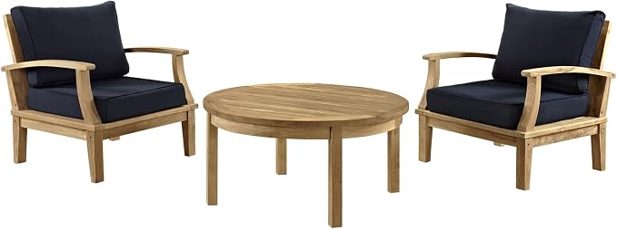Modway Marina Premium Grade A Teak Wood 3-Piece Outdoor Patio Furniture Set in Natural Navy