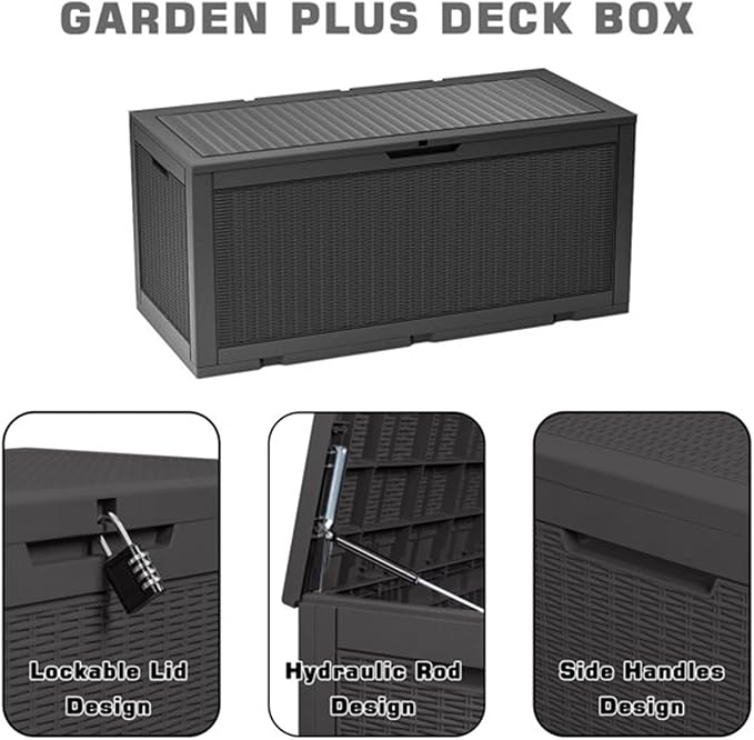 100 Gallon Resin Deck Box for Outdoor, All-Weather Deck Boxes, Extra Seating Benches, Indoor Outdoor Storage Housing Lockable Storage Container Box, 47.83 L x 21.46 W x 24.21 H inches, Black
