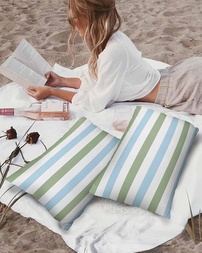 Outdoor Waterproof Throw Pillow Covers 20x12Inch, Spring Stripes Pattern Cushions for Garden Patio Furniture Chairs Set of 2, Blue and Sage Green Home Decor Couch Sofa Polyester Pillow Cases