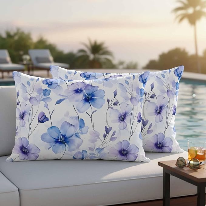 Purple Blue Outdoor Waterproof Throw Pillow Covers Set of 2, 20"x12", Gradient Flowers Pansy Watercolor Botanical Decorative Pillow Covers Outside Cushion Case for Patio Porch Garden