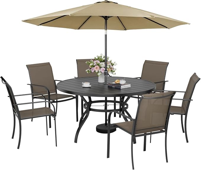 Incbruce 8 PCS Patio Dining Set with Brown Umbrella, Outdoor Dining Set of 6 Textilene Chairs and 53" Round Table with Umbrella Hole for Backyard, Garden, and Poolside (Brown)