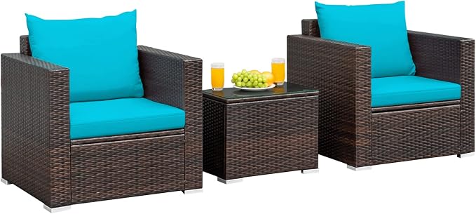 RELAX4LIFE 3-Piece Wicker Bistro Set - Outdoor Patio Rattan Sofa Set w/Washable Cushions & Tempered Glass Coffee Table, Conversation Furniture Set for Backyard, Porch, Garden & Poolside (Turquoise)