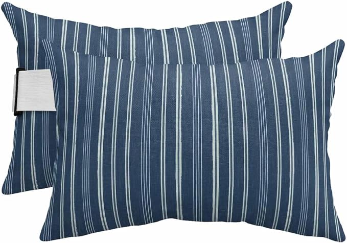 Pack of 2 Outdoor Lumbar Pillow Covers 12x20 Inch, Navy Blue Striped Waterproof Throw Pillow Covers Set, Farmhouse Stripes Modern Vintage Indoor&Outdoor Decorative Cushion Cases for Patio Porch Car