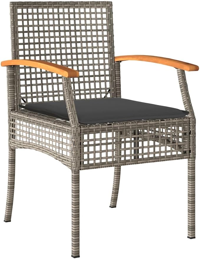 5 Piece Patio Dining Set with Cushions, Gray PE Rattan Outdoor Furniture Set with Acacia Wood Top Table and 4 Armchairs, Modern Wicker Dining Table Set for Backyard Garden Deck Porch