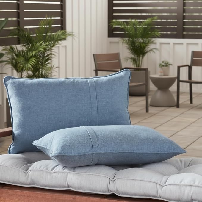Sunbrella Rectangular Outdoor Throw Pillows 21x14 Set of 2 - Corded Lumbar Patio Accent Pillows with Pleated Design & Removable Zipper Covers – Weather & Fade Resistant Pillows, Spectrum Denim