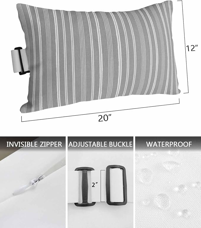 Pack of 2 Outdoor Lumbar Pillow Covers 12x20 Inch, Light Grey Striped Waterproof Throw Pillow Covers Set, Farmhouse Stripes Modern Vintage Indoor&Outdoor Decorative Cushion Cases for Patio Porch Car