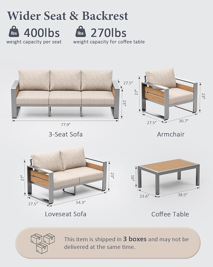 ZANDOR Aluminum Outdoor Patio Furniture-1 Pcs 3-Seat,Sliver | Rustproof,High weight capacity,Water-repellent,Washable Cover,All-Weather Resistant,Easy clean,for Poolside Backyard Deck