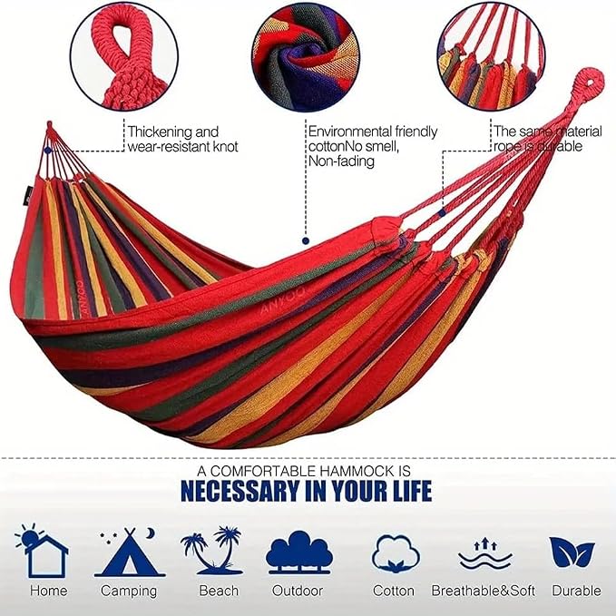 Canvas Hammock, Anti-Rollover Design, Tree Straps Included, Portable Swing for 1-2 Person, Red Striped