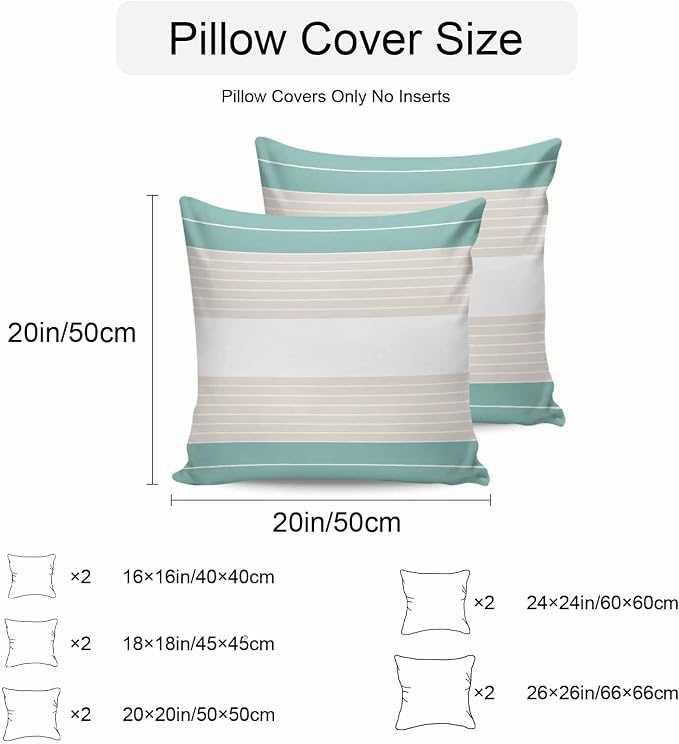 Turquoise Beige Stripe Waterproof Outdoor Pillow Covers Set of 2 Home Decor, Modern Art Horizontal Striped Pillowcase Patio Pillow Covers for Couch Bench Furniture Garden 18x18in