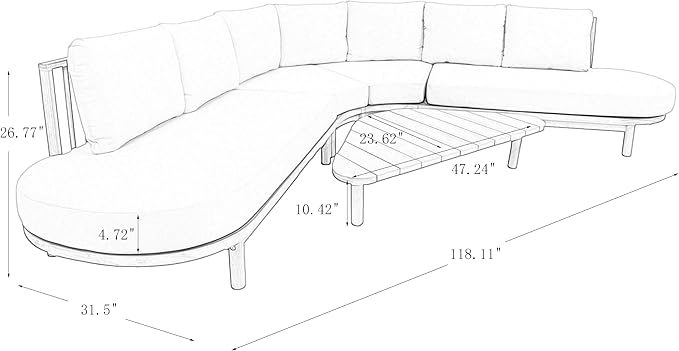 Christopher Knight Home Gemsy 118" Acacia Wood Outdoor Patio Furniture Set with Cushion, Outdoor Half Moon Curved Sectional Sofa Set with Coffee Table, Patio Sectional Sofa Set, Beige + Brown