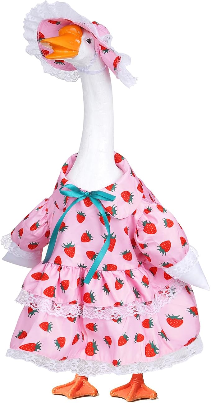 Spring Porch Goose Outfit Strawberry Porch Goose Clothes for 23 Inch Lawn Cement or Plastic Geese Statue Geese Skirt Costume with Hat Dress for Summer Outdoor Patio Yard Garden Holiday Decor