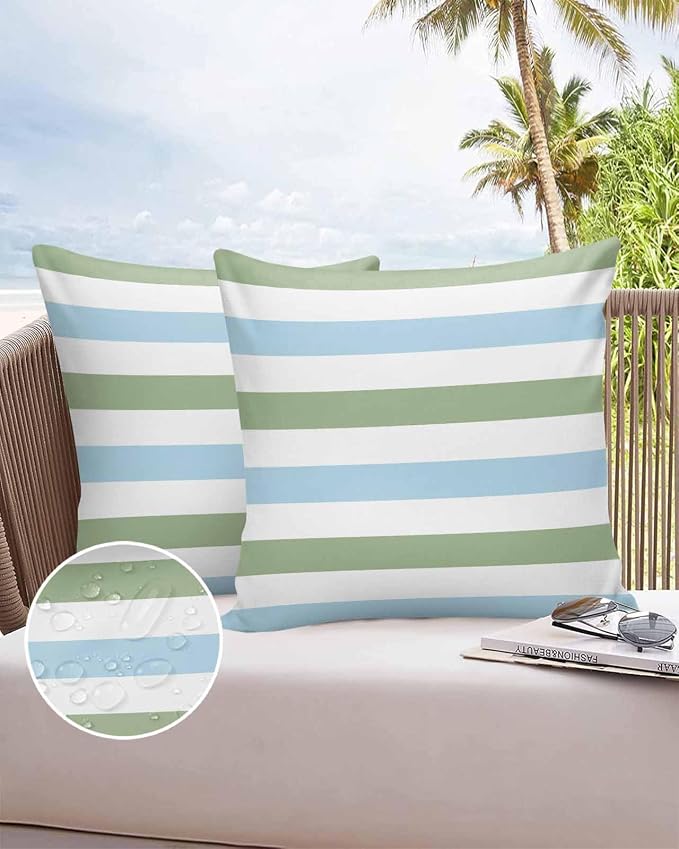 Outdoor Waterproof Throw Pillow Covers 24x24Inch, Spring Stripes Pattern Cushions for Garden Patio Furniture Chairs Set of 2, Blue and Sage Green Home Decor Couch Sofa Polyester Pillow Cases