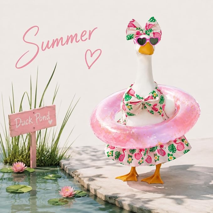 Flamingo Tropical Lawn Goose Outfit Set, Floral Bikini Costume with Gradient Glitter Swim Ring Heart Sunglasses Bow Headband, 23 Inch Porch Goose costume, Summer Outdoor Garden Yard Decor