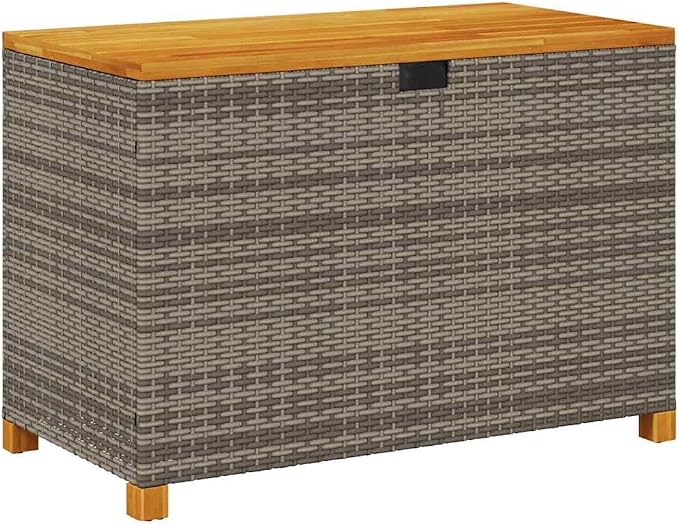 Modern Poly Rattan and Acacia Wood Garden Storage Box for Cushions and Pillows, Outdoor Storage Box in Grey and Brown, 31.5x15.7x18.9 Inches