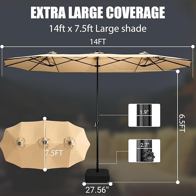 LEVELEVE 15FT Large Patio Patio Umbrella with Base & Solar LED Lights - Double-Sided,Kahaki