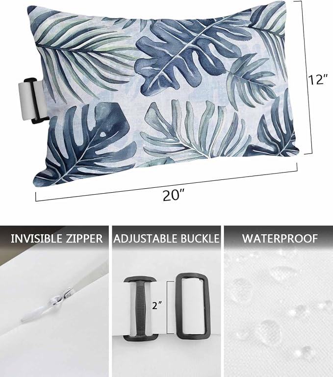 Pack of 2 Outdoor Lumbar Pillow Covers 12x20 Inch, Navy Blue Monstera Deliciosa Waterproof Throw Pillow Covers Set, Summer Botanical Tropical Decorative Cushion Cases for Patio Porch Car