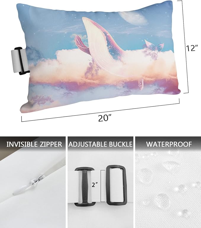 Outdoor Pillows Covers with Inserts Starry Sky Whale Fantasy Galaxy Clouds Waterproof Recliner Pillow with Adjustable Strap Throw Pillows for Patio Furniture Pool Lounge Chair, 12x20 inch, 2PCS