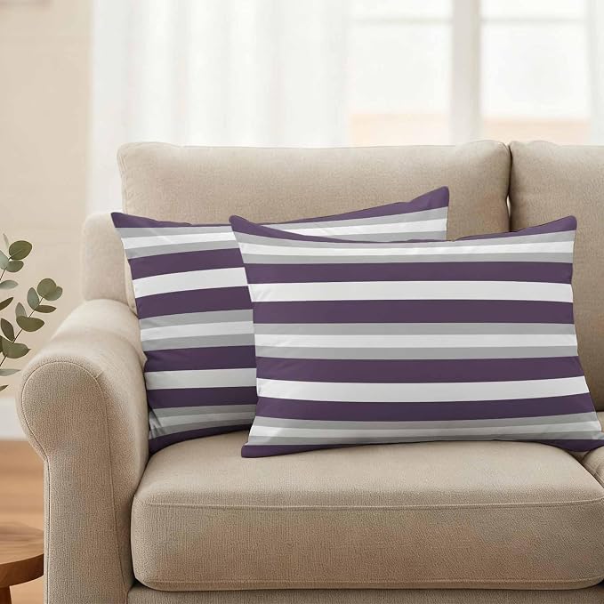 Lumbar Pillow Covers 20x12 Inch Set of 2, Purple Grey Stripe Waterproof Outdoor Pillow Covers, Minimalist Farmhouse Striped Decorative Cushion Pillowcases for Couch, Sofa, Bed, Garden, Patio