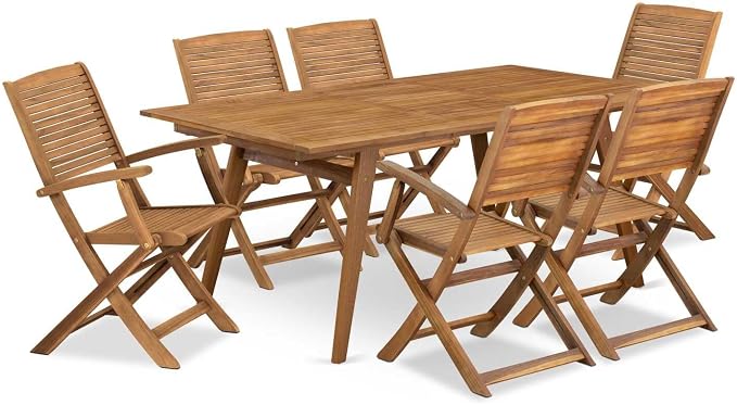 East West Furniture DEHD7CANA 7 Piece Patio Dining Set Includes a Rectangle Outdoor Acacia Wood Table and 6 Folding Arm Chairs, 40x72 Inch, Natural Oil