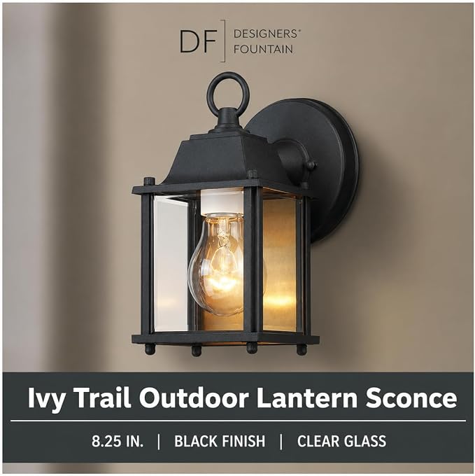 Designers Fountain Ivy Trail Outdoor Light Fixture Pack of 2, 8.25 Inch Exterior Wall Lantern Sconce Set for Front Door, Patio and Porch, Black, D334M-5EW-BK2